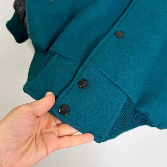 Vintage Varsity Jacket Mens Large Green Blue Wool Black Leather SPCA Dog Lover - Picture 10 of 16